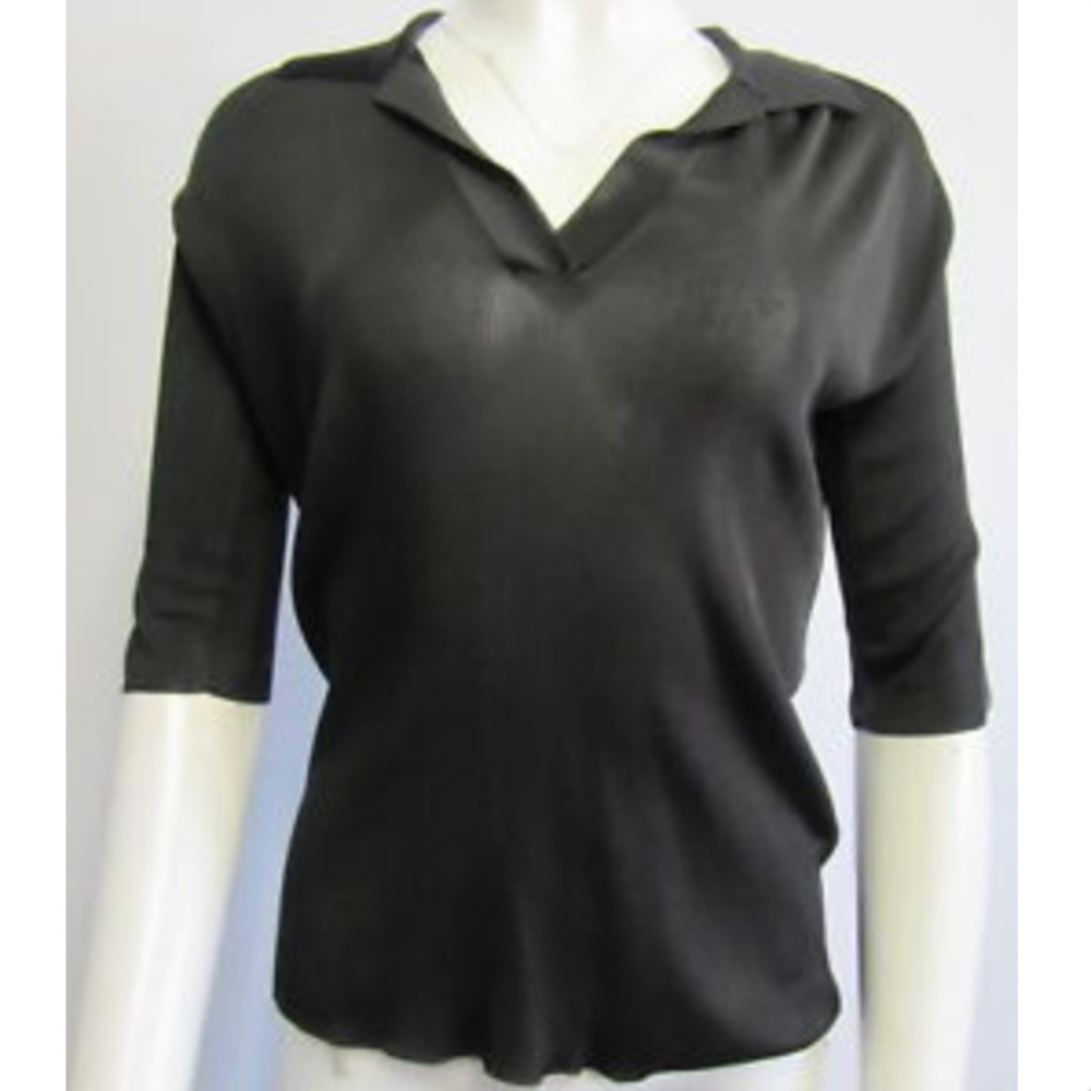 ATLEIN Knit Elbow-Sleeve Polo Top in Black Size 40
